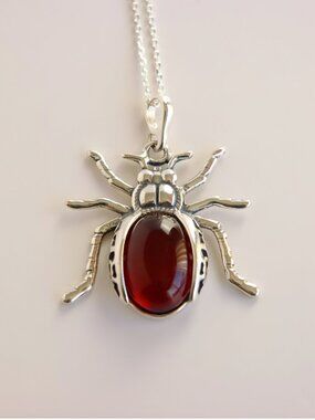 Baltic Cherry Amber Beetle Pendant in Sterling Silver